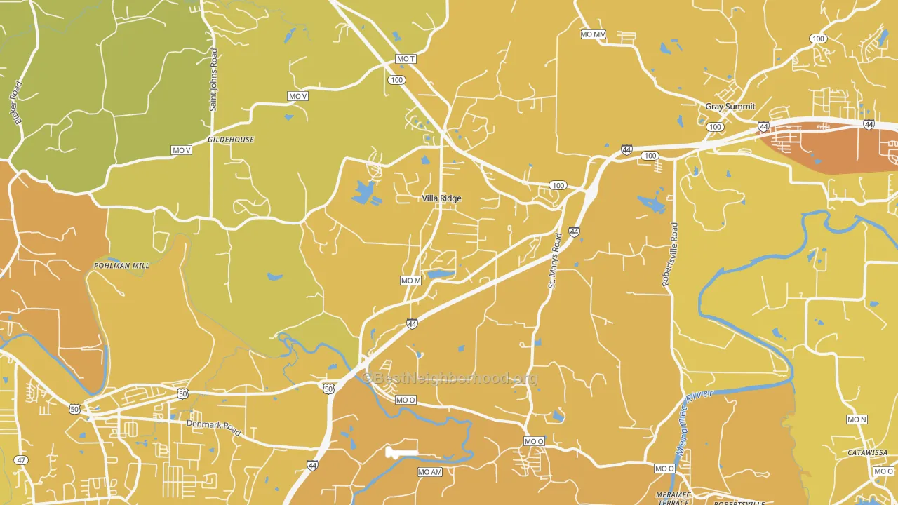 Map of the best neighborhoods in the 63089 area, with better matches in green and worse matches in red