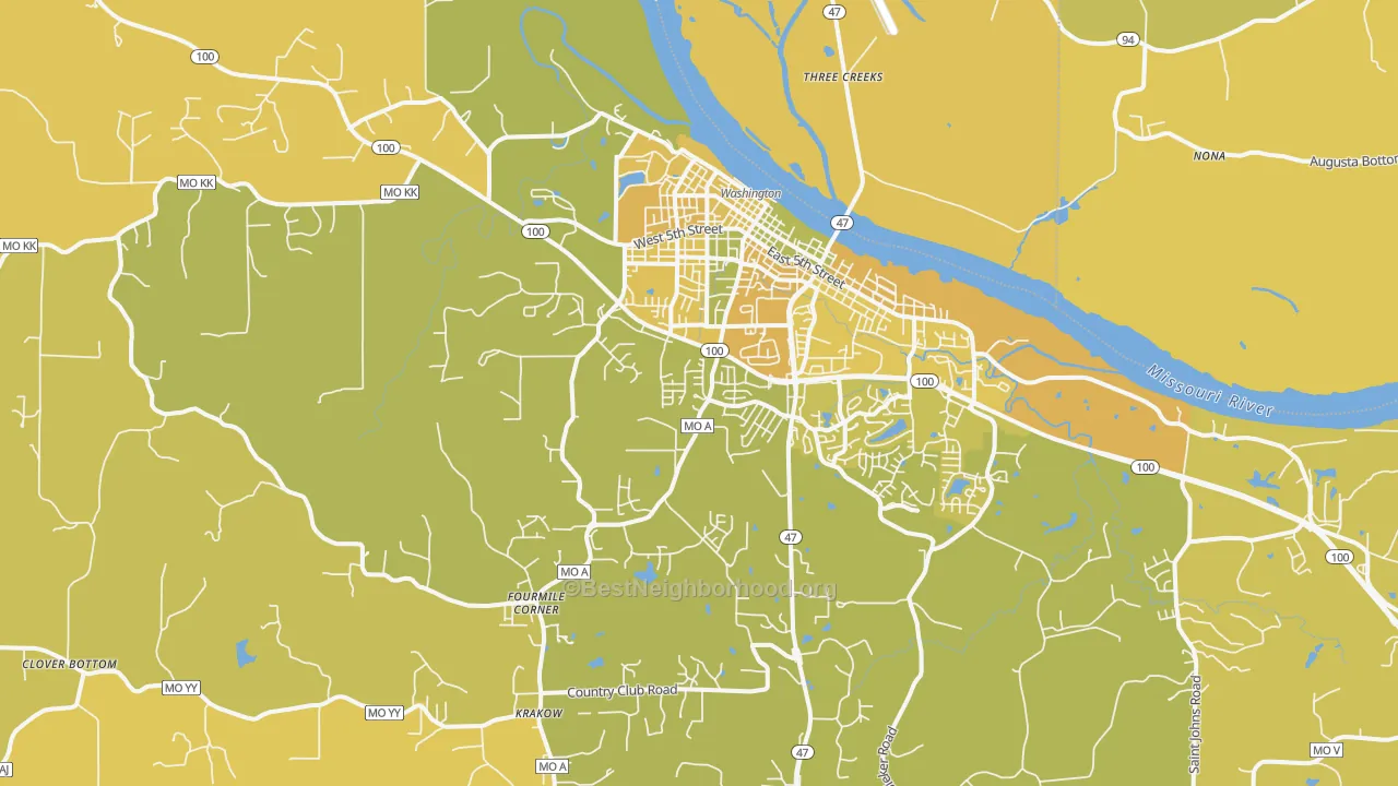 Map of the best neighborhoods in the 63090 area, with better matches in green and worse matches in red