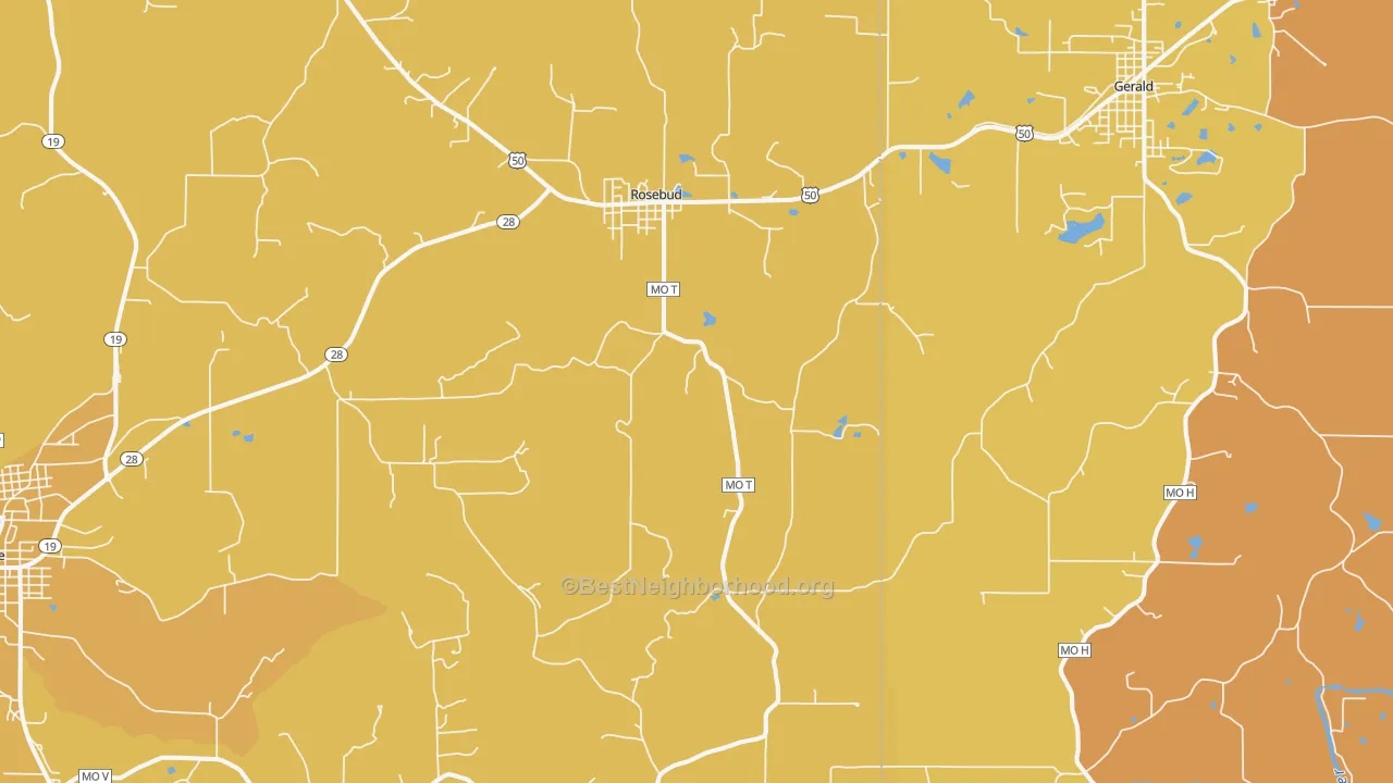 Map of the best neighborhoods in the 63091 area, with better matches in green and worse matches in red