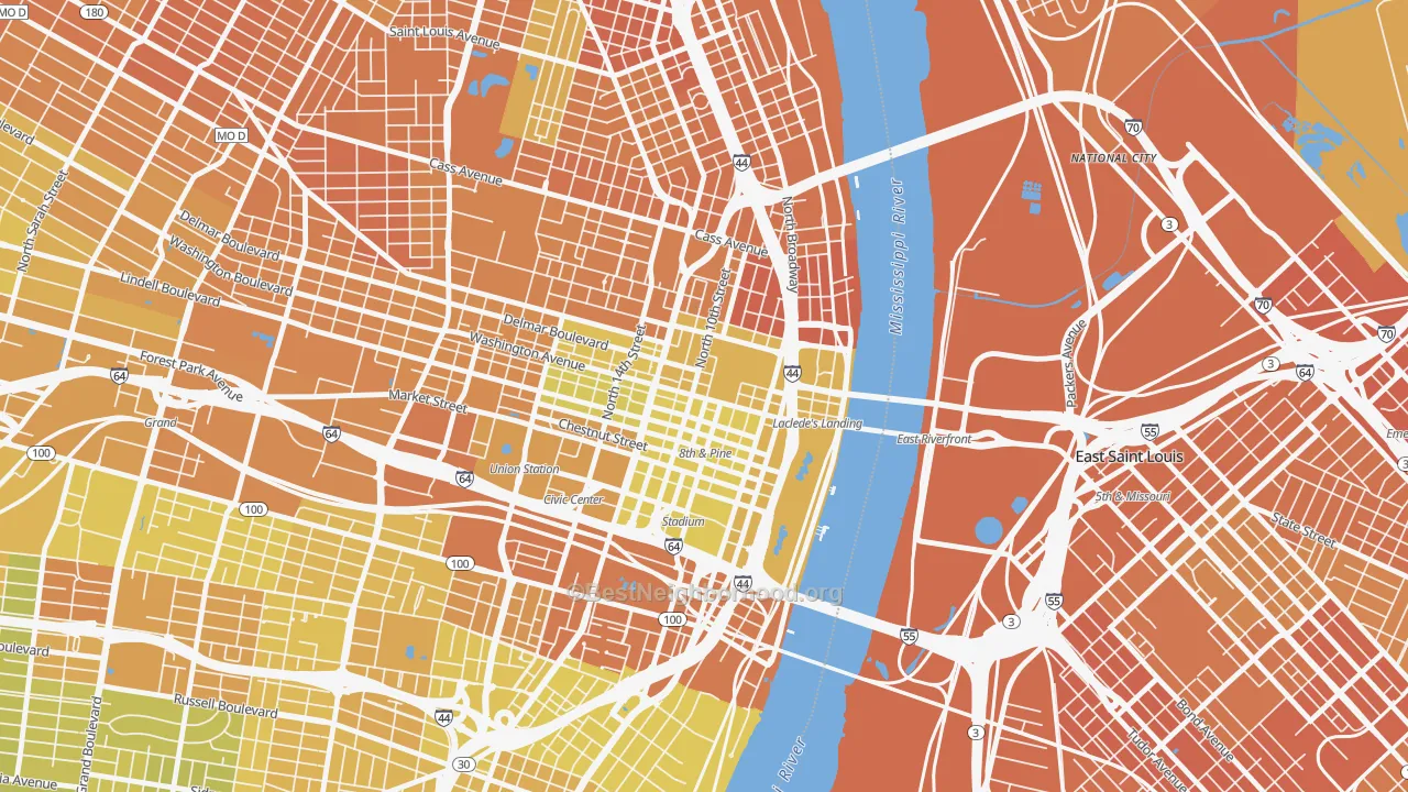 Map of the best neighborhoods in the 63101 area, with better matches in green and worse matches in red