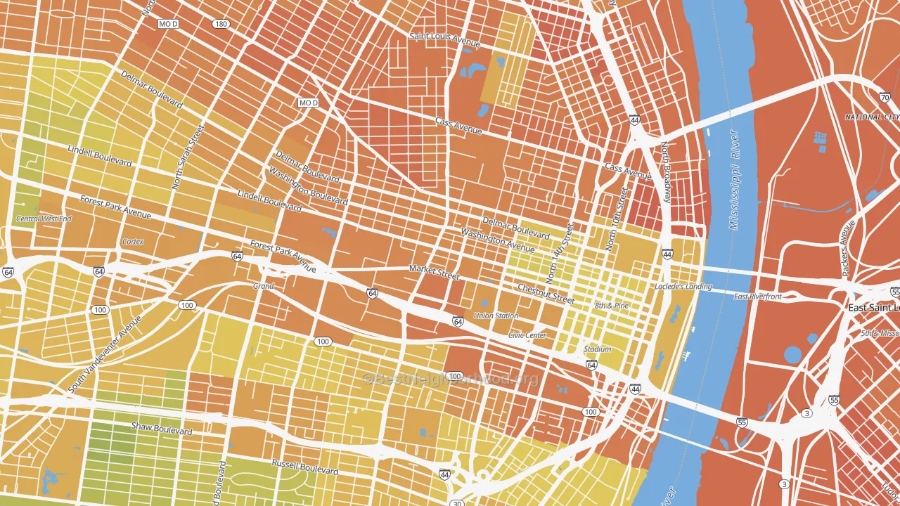 Map of the best neighborhoods in the 63103 area, with better matches in green and worse matches in red