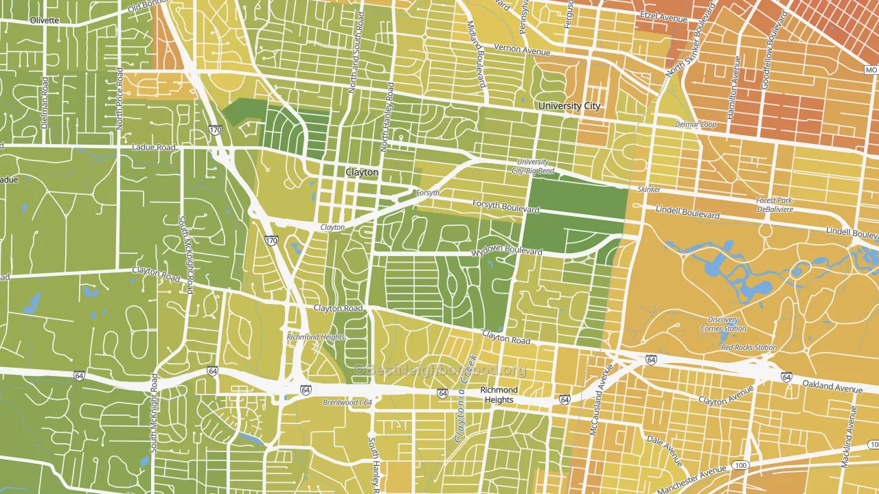 Map of the best neighborhoods in the 63105 area, with better matches in green and worse matches in red