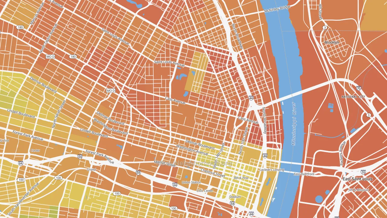 Map of the best neighborhoods in the 63106 area, with better matches in green and worse matches in red