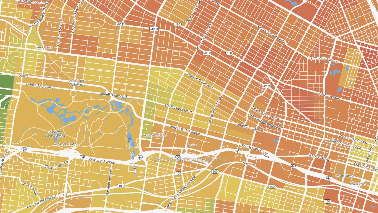Map of the best neighborhoods in the 63108 area, with better matches in green and worse matches in red