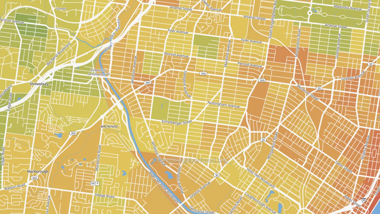 Map of the best neighborhoods in the 63109 area, with better matches in green and worse matches in red