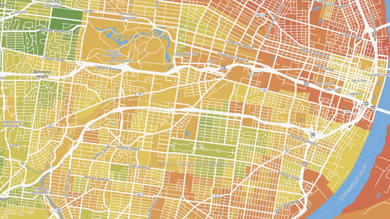 Map of the best neighborhoods in the 63110 area, with better matches in green and worse matches in red