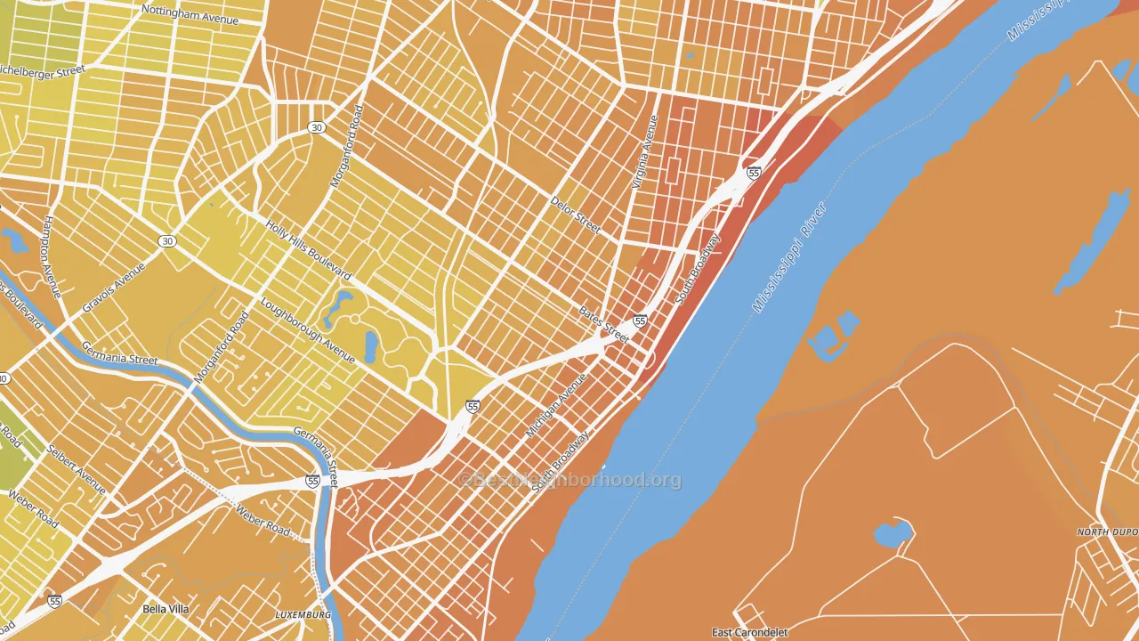 Map of the best neighborhoods in the 63111 area, with better matches in green and worse matches in red