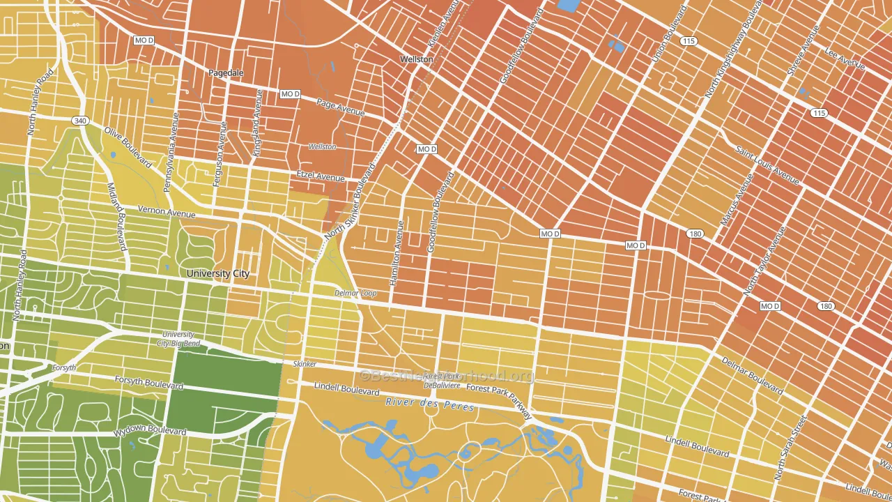Map of the best neighborhoods in the 63112 area, with better matches in green and worse matches in red