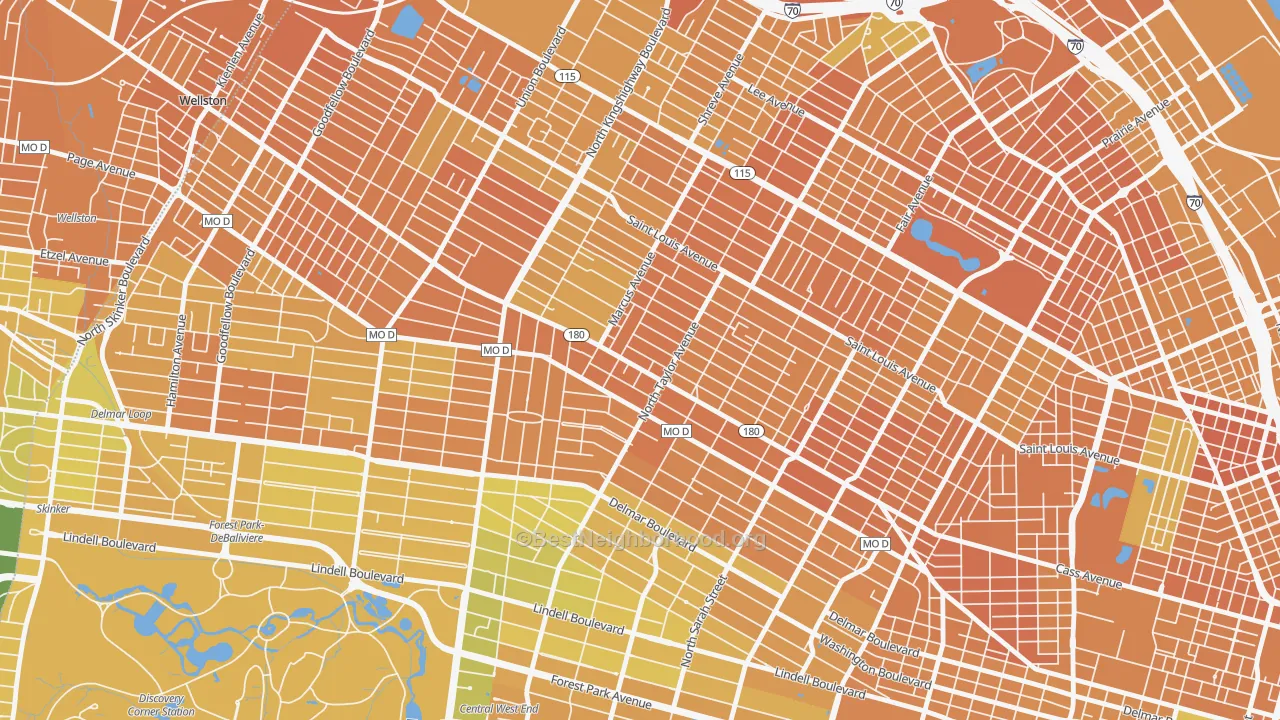 Map of the best neighborhoods in the 63113 area, with better matches in green and worse matches in red