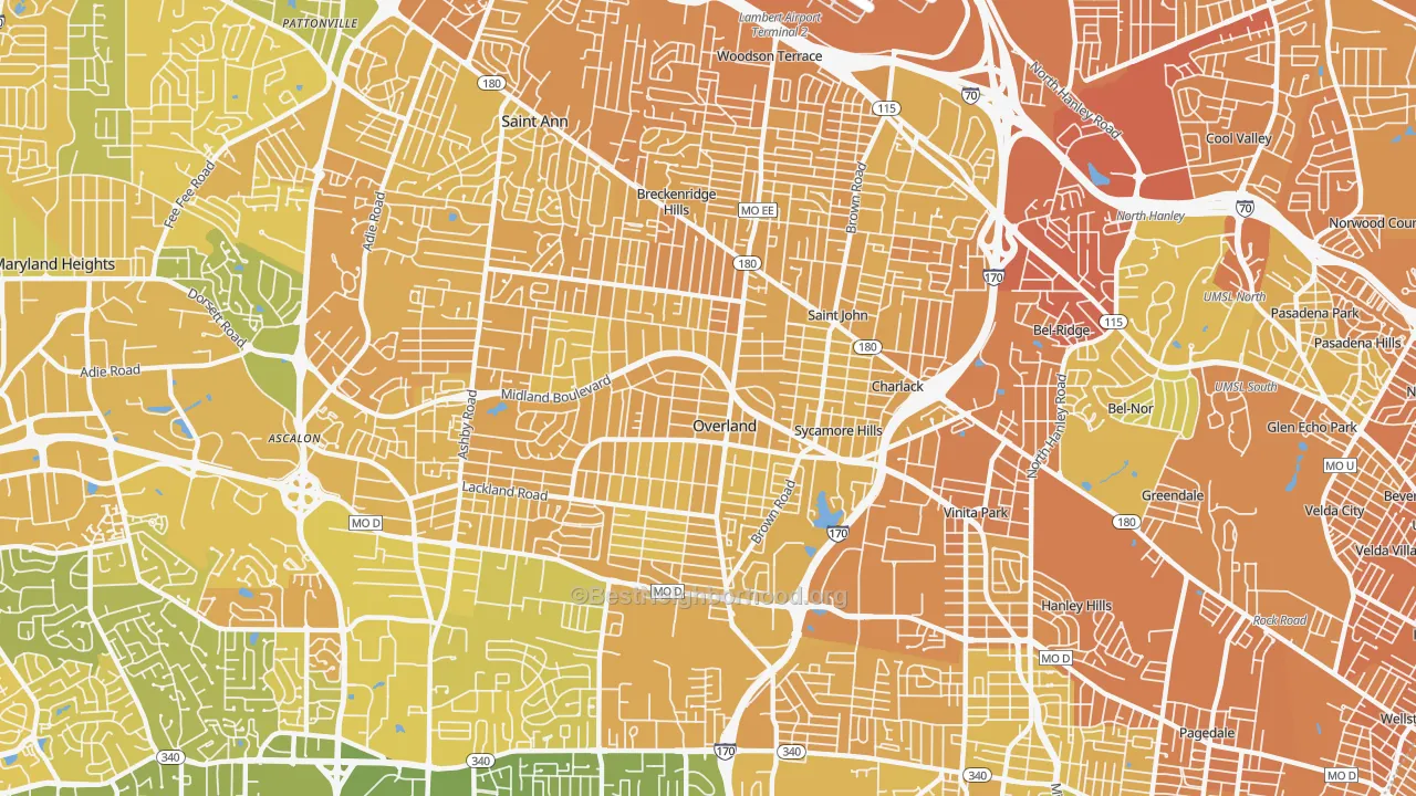 Map of the best neighborhoods in the 63114 area, with better matches in green and worse matches in red