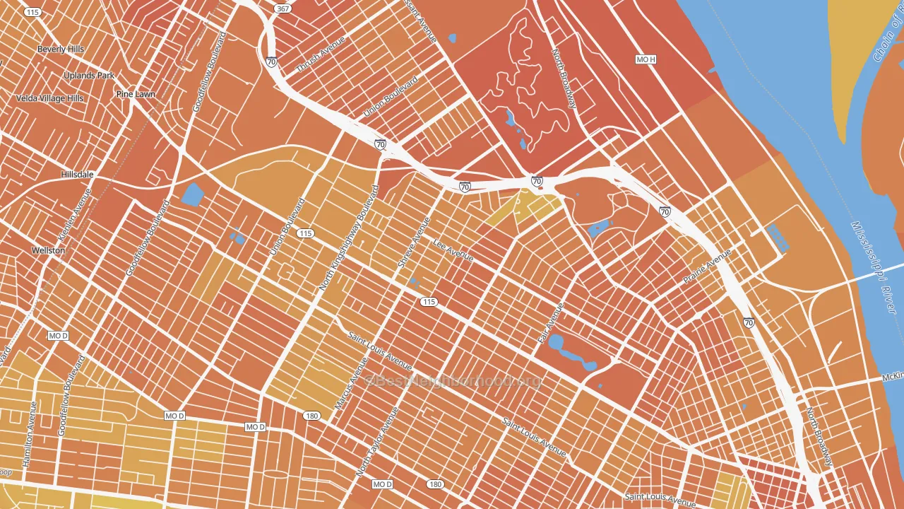 Map of the best neighborhoods in the 63115 area, with better matches in green and worse matches in red