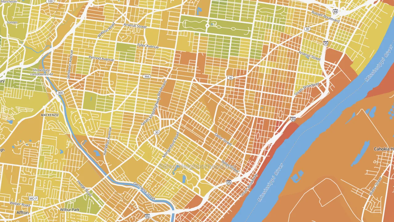Map of the best neighborhoods in the 63116 area, with better matches in green and worse matches in red