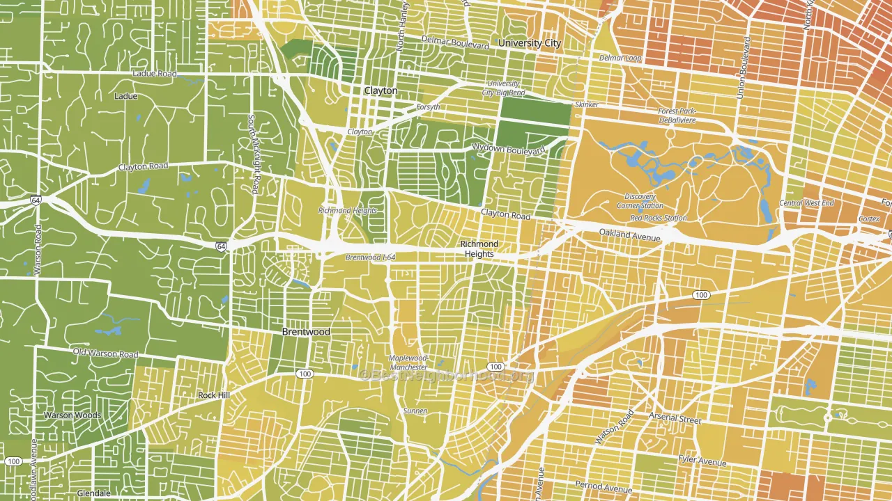 Map of the best neighborhoods in the 63117 area, with better matches in green and worse matches in red