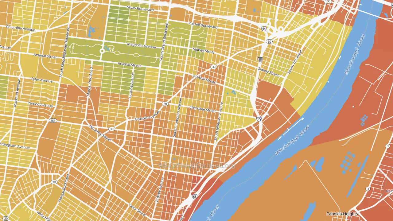 Map of the best neighborhoods in the 63118 area, with better matches in green and worse matches in red
