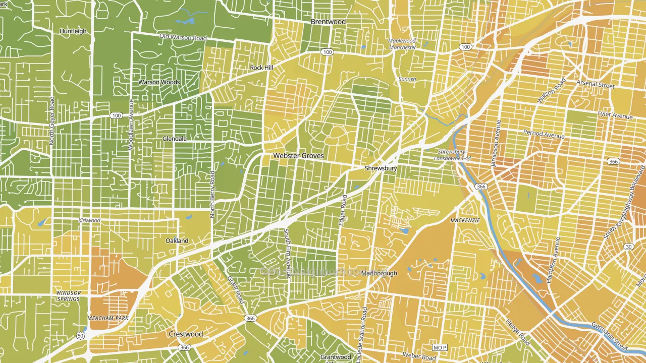 Map of the best neighborhoods in the 63119 area, with better matches in green and worse matches in red
