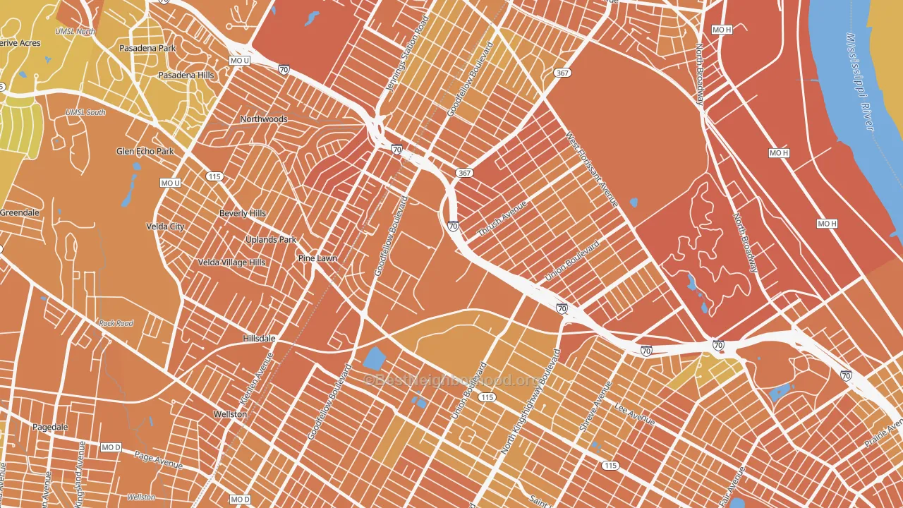Map of the best neighborhoods in the 63120 area, with better matches in green and worse matches in red