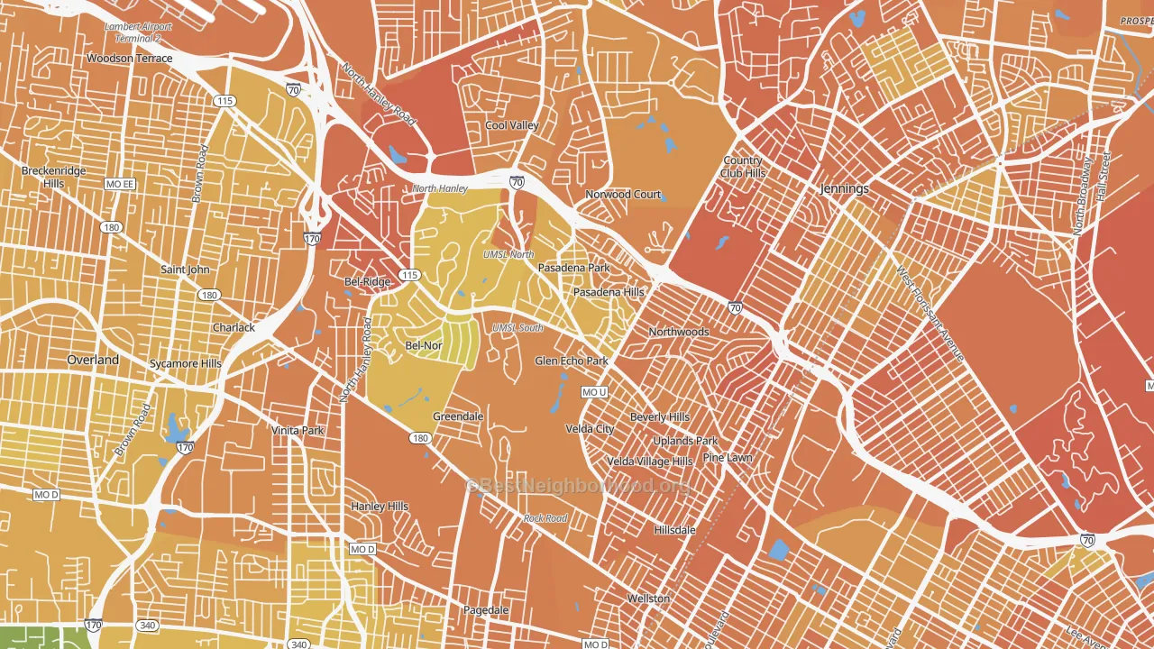 Map of the best neighborhoods in the 63121 area, with better matches in green and worse matches in red
