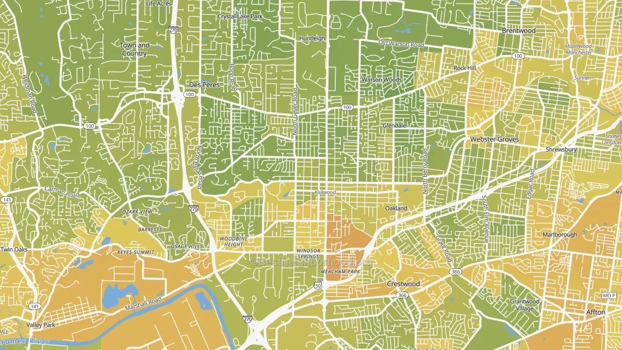 Map of the best neighborhoods in the 63122 area, with better matches in green and worse matches in red