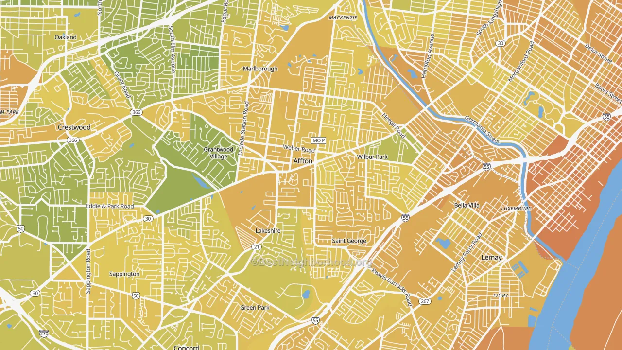 Map of the best neighborhoods in the 63123 area, with better matches in green and worse matches in red