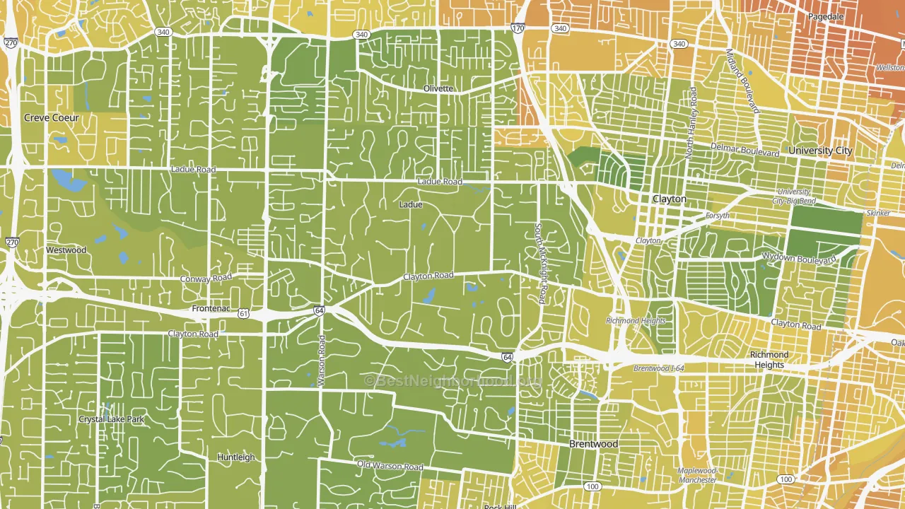 Map of the best neighborhoods in the 63124 area, with better matches in green and worse matches in red