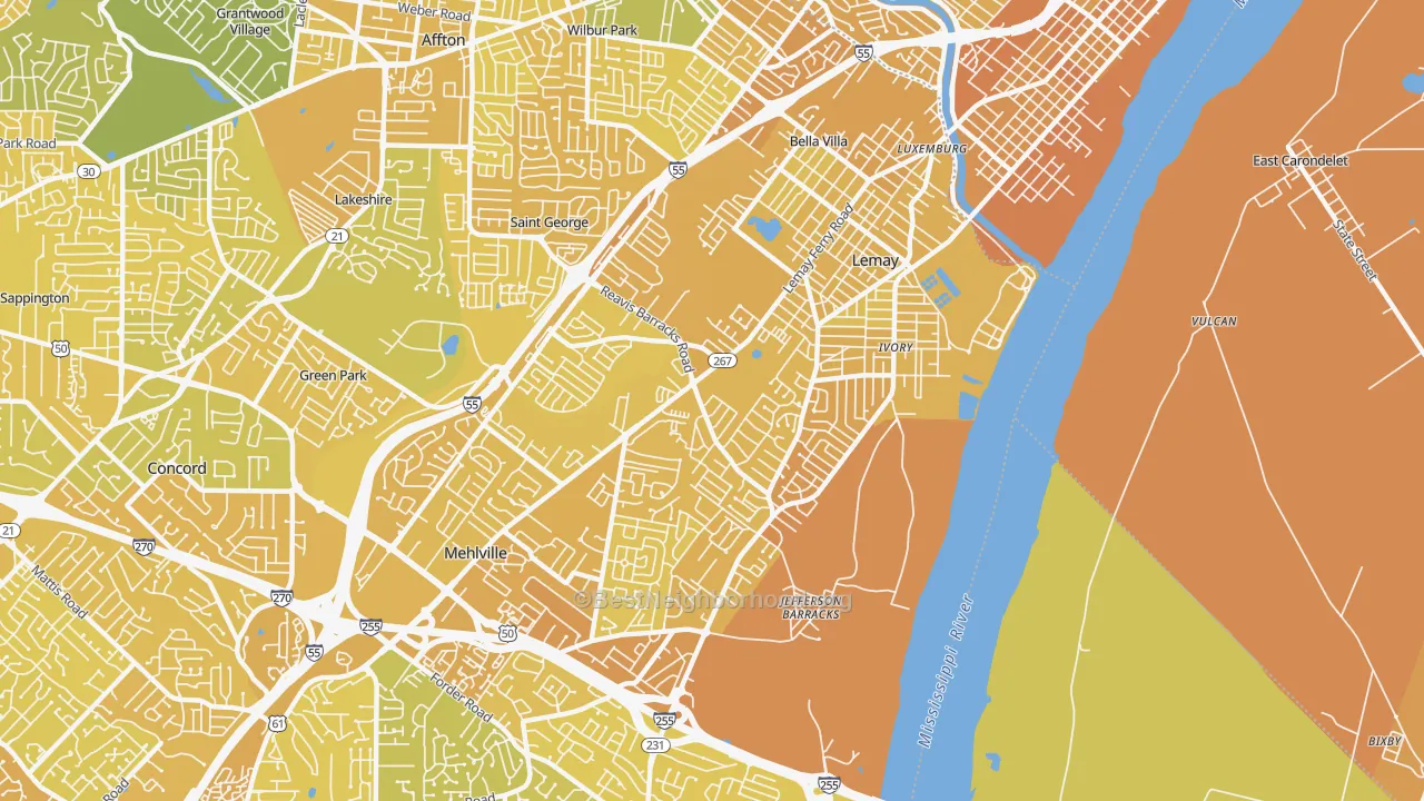 Map of the best neighborhoods in the 63125 area, with better matches in green and worse matches in red