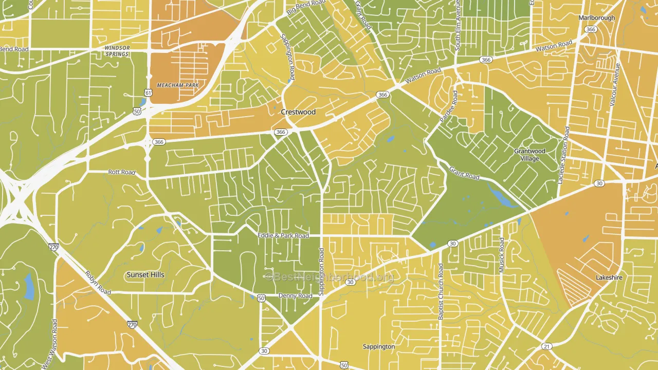Map of the best neighborhoods in the 63126 area, with better matches in green and worse matches in red