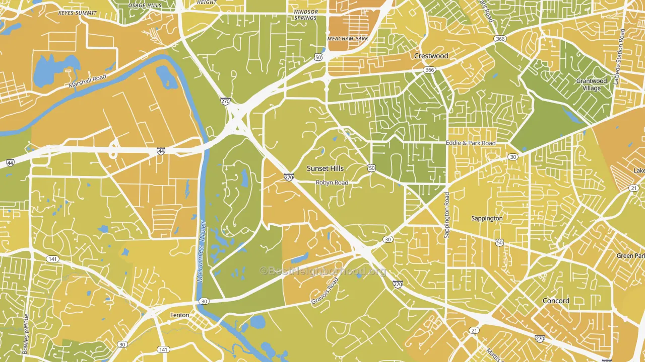 Map of the best neighborhoods in the 63127 area, with better matches in green and worse matches in red