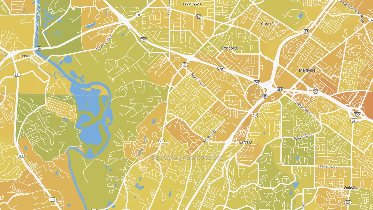 Map of the best neighborhoods in the 63128 area, with better matches in green and worse matches in red