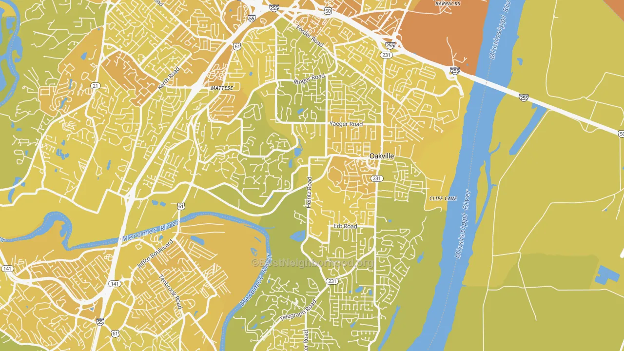 Map of the best neighborhoods in the 63129 area, with better matches in green and worse matches in red