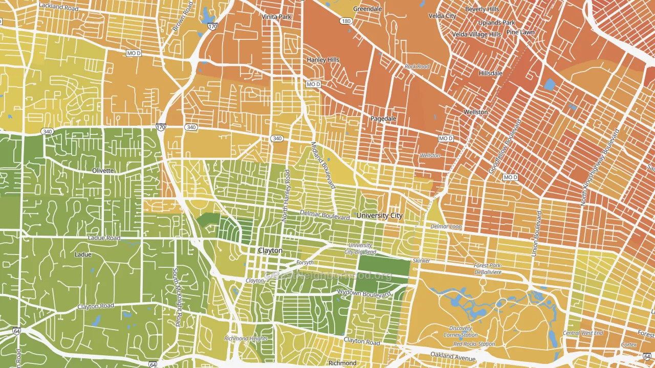 Map of the best neighborhoods in the 63130 area, with better matches in green and worse matches in red
