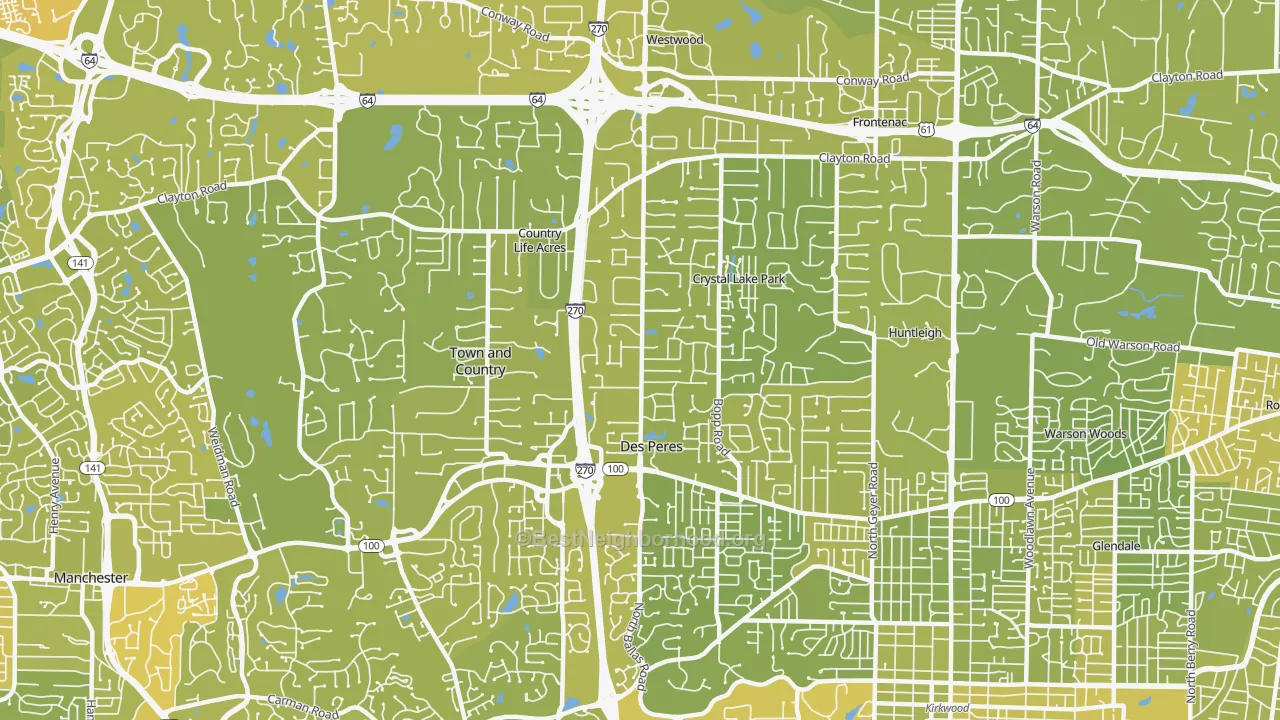 Map of the best neighborhoods in the 63131 area, with better matches in green and worse matches in red