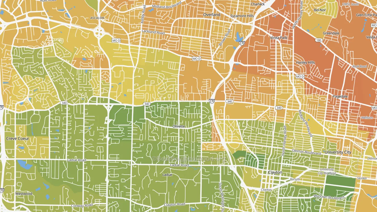 Map of the best neighborhoods in the 63132 area, with better matches in green and worse matches in red