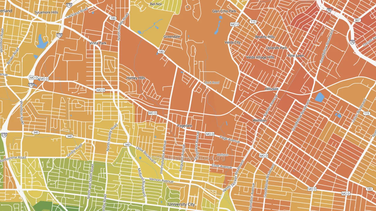 Map of the best neighborhoods in the 63133 area, with better matches in green and worse matches in red