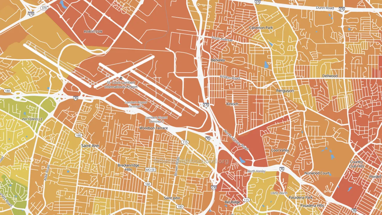 Map of the best neighborhoods in the 63134 area, with better matches in green and worse matches in red