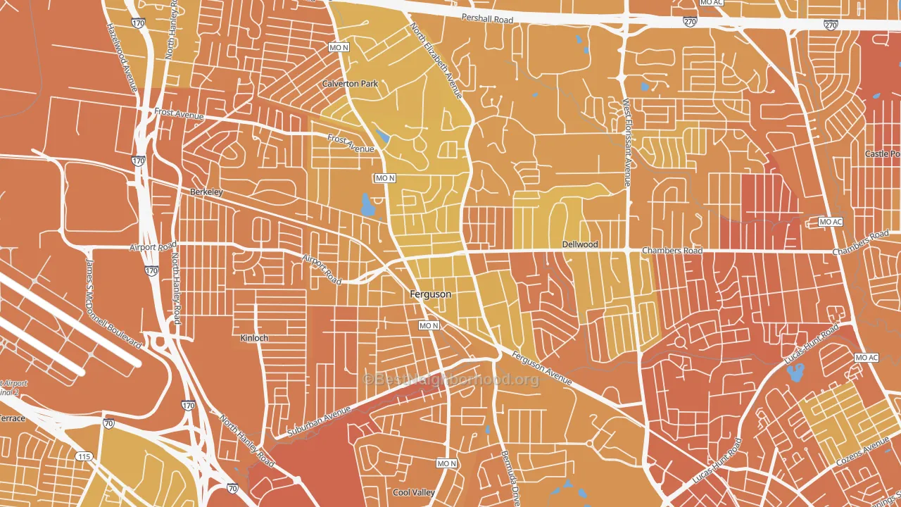 Map of the best neighborhoods in the 63135 area, with better matches in green and worse matches in red