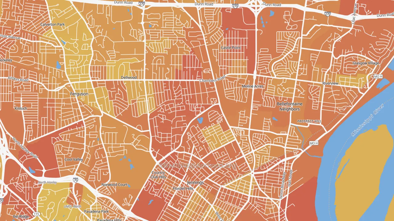 Map of the best neighborhoods in the 63136 area, with better matches in green and worse matches in red