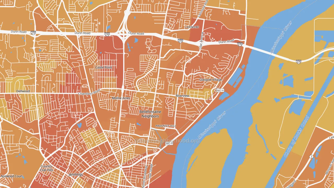 Map of the best neighborhoods in the 63137 area, with better matches in green and worse matches in red