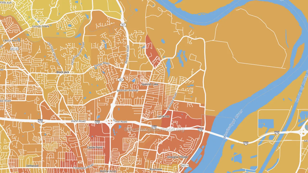Map of the best neighborhoods in the 63138 area, with better matches in green and worse matches in red