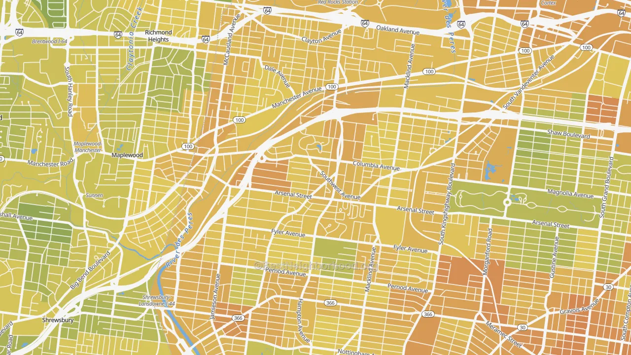 Map of the best neighborhoods in the 63139 area, with better matches in green and worse matches in red