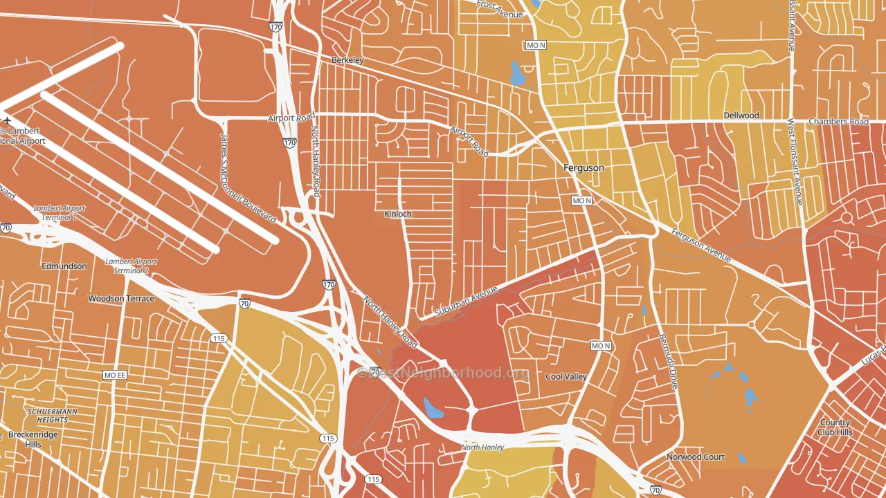 Map of the best neighborhoods in the 63140 area, with better matches in green and worse matches in red