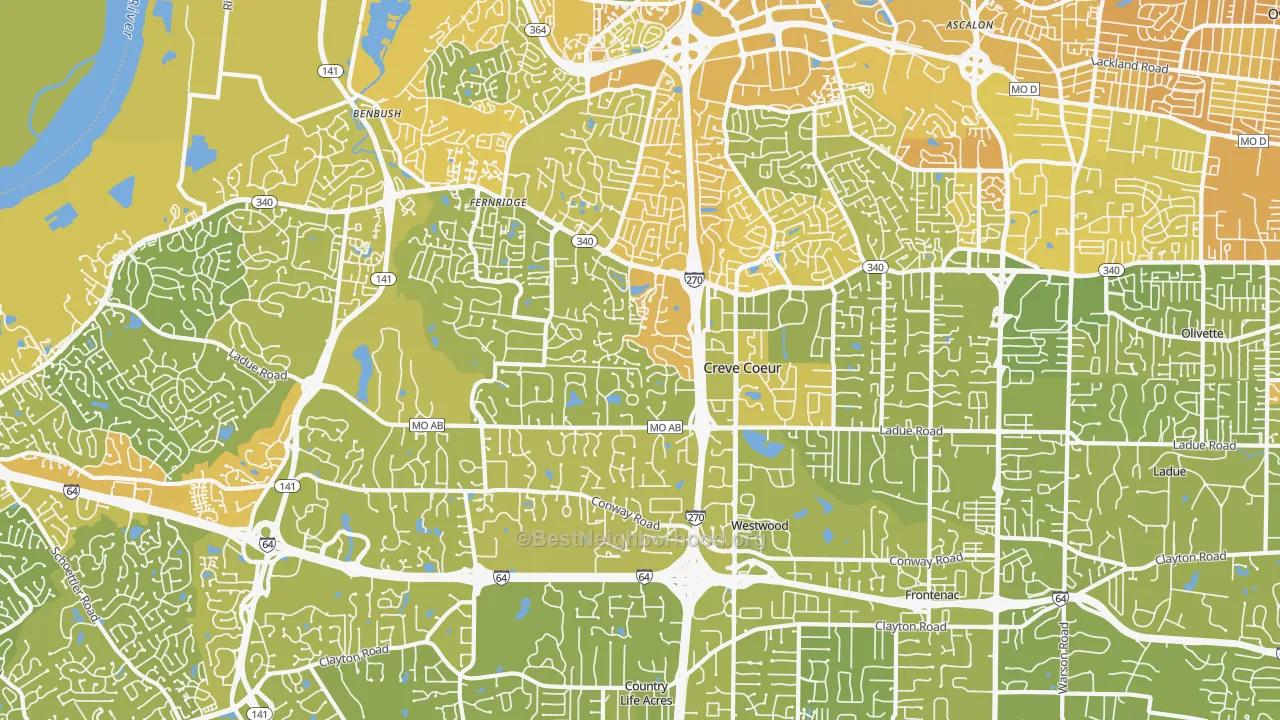 Map of the best neighborhoods in the 63141 area, with better matches in green and worse matches in red