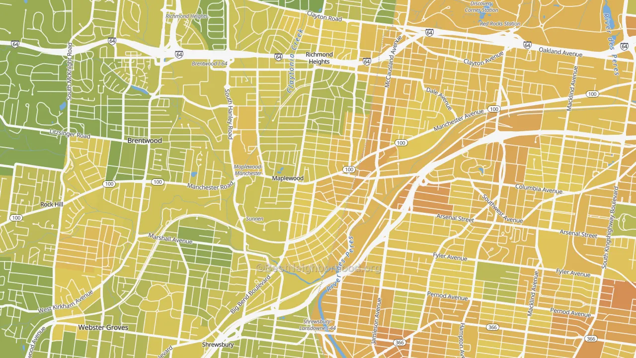 Map of the best neighborhoods in the 63143 area, with better matches in green and worse matches in red
