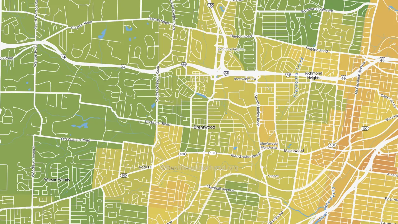 Map of the best neighborhoods in the 63144 area, with better matches in green and worse matches in red