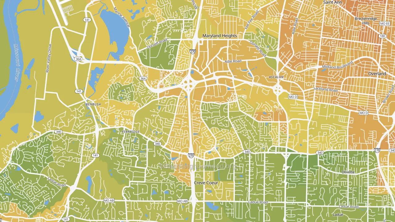 Map of the best neighborhoods in the 63146 area, with better matches in green and worse matches in red