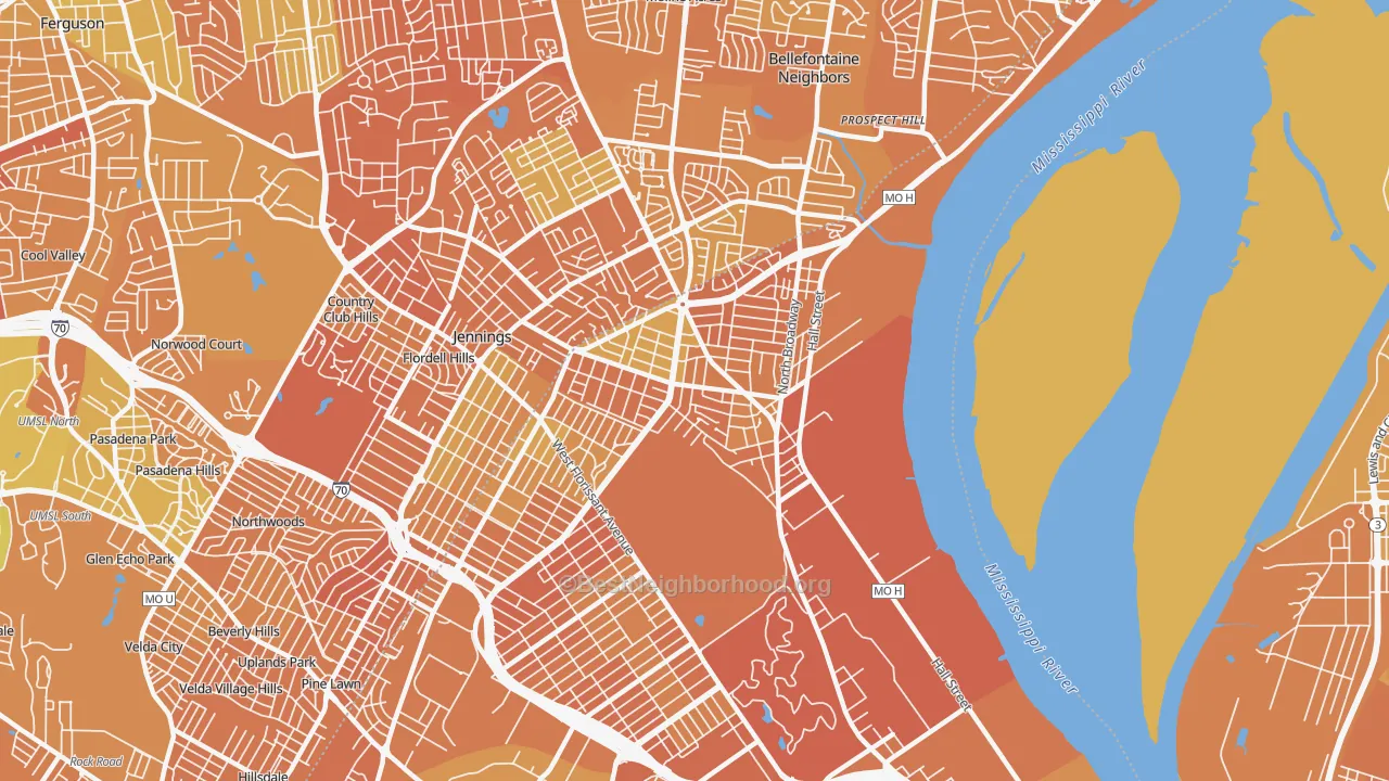 Map of the best neighborhoods in the 63147 area, with better matches in green and worse matches in red