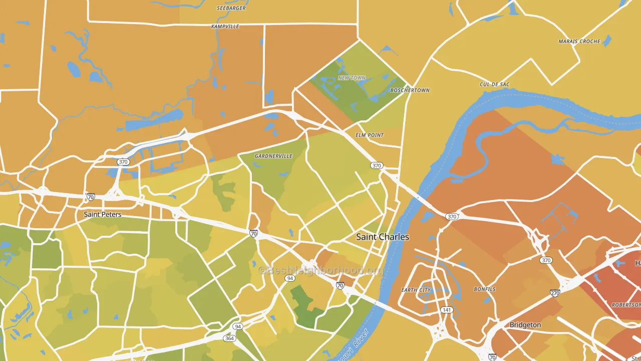 Map of the best neighborhoods in the 63301 area, with better matches in green and worse matches in red