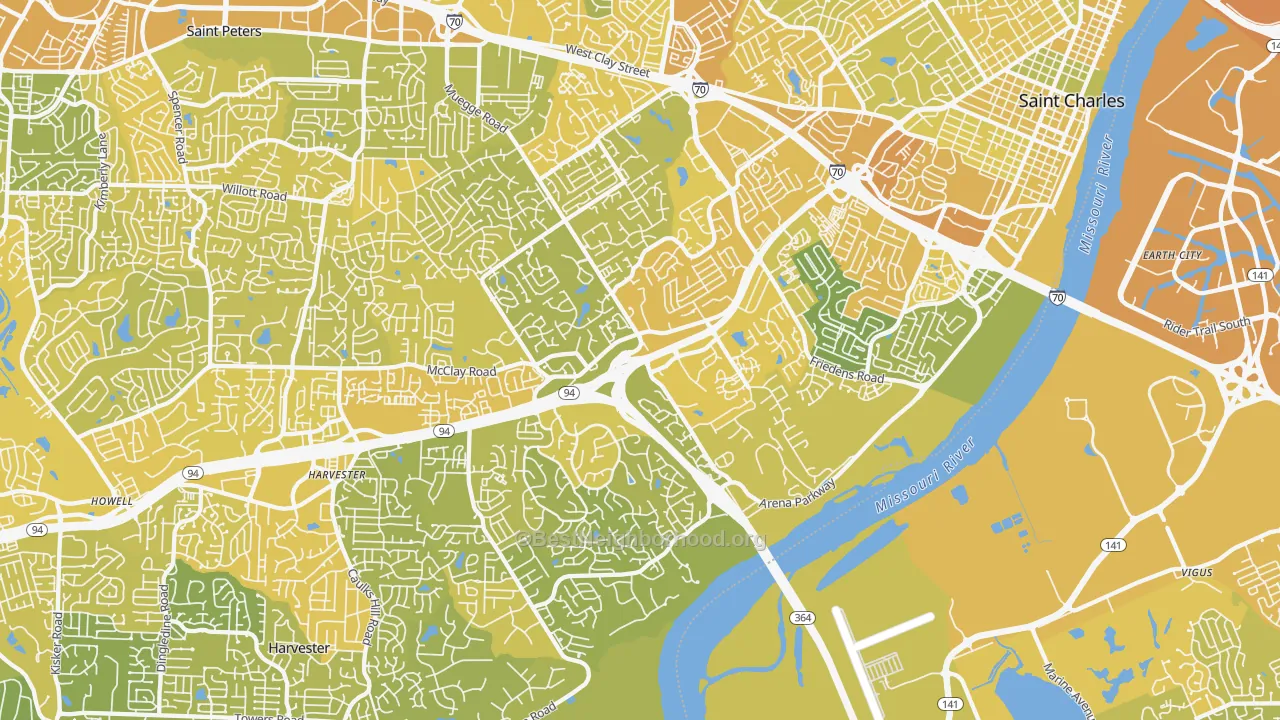 Map of the best neighborhoods in the 63303 area, with better matches in green and worse matches in red