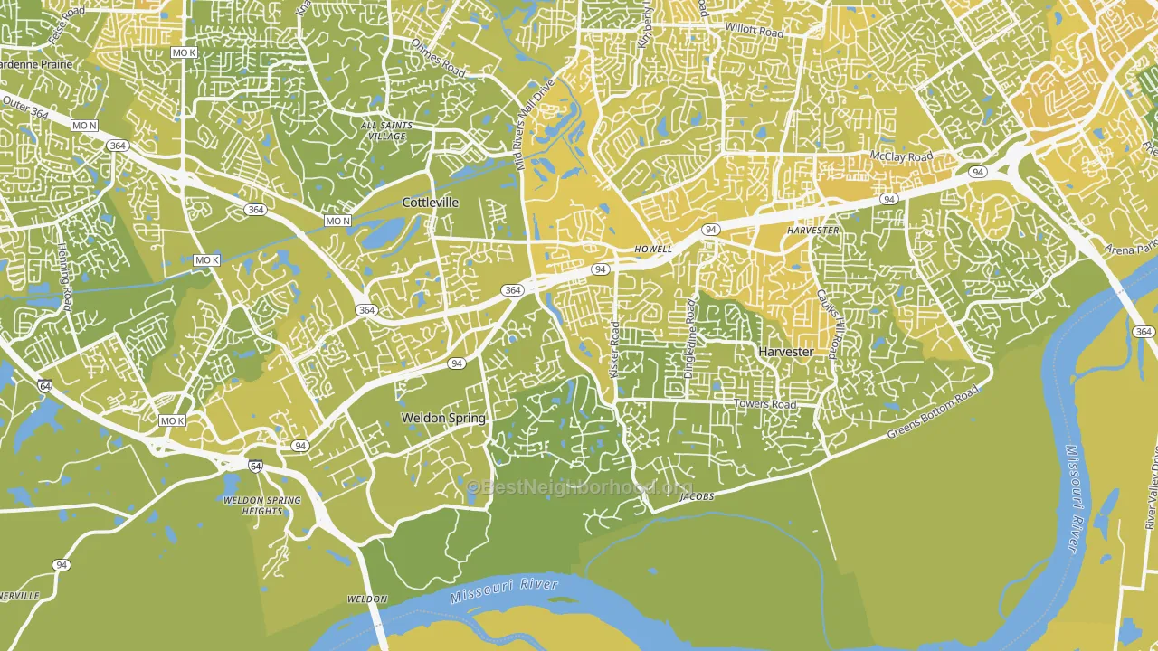 Map of the best neighborhoods in the 63304 area, with better matches in green and worse matches in red
