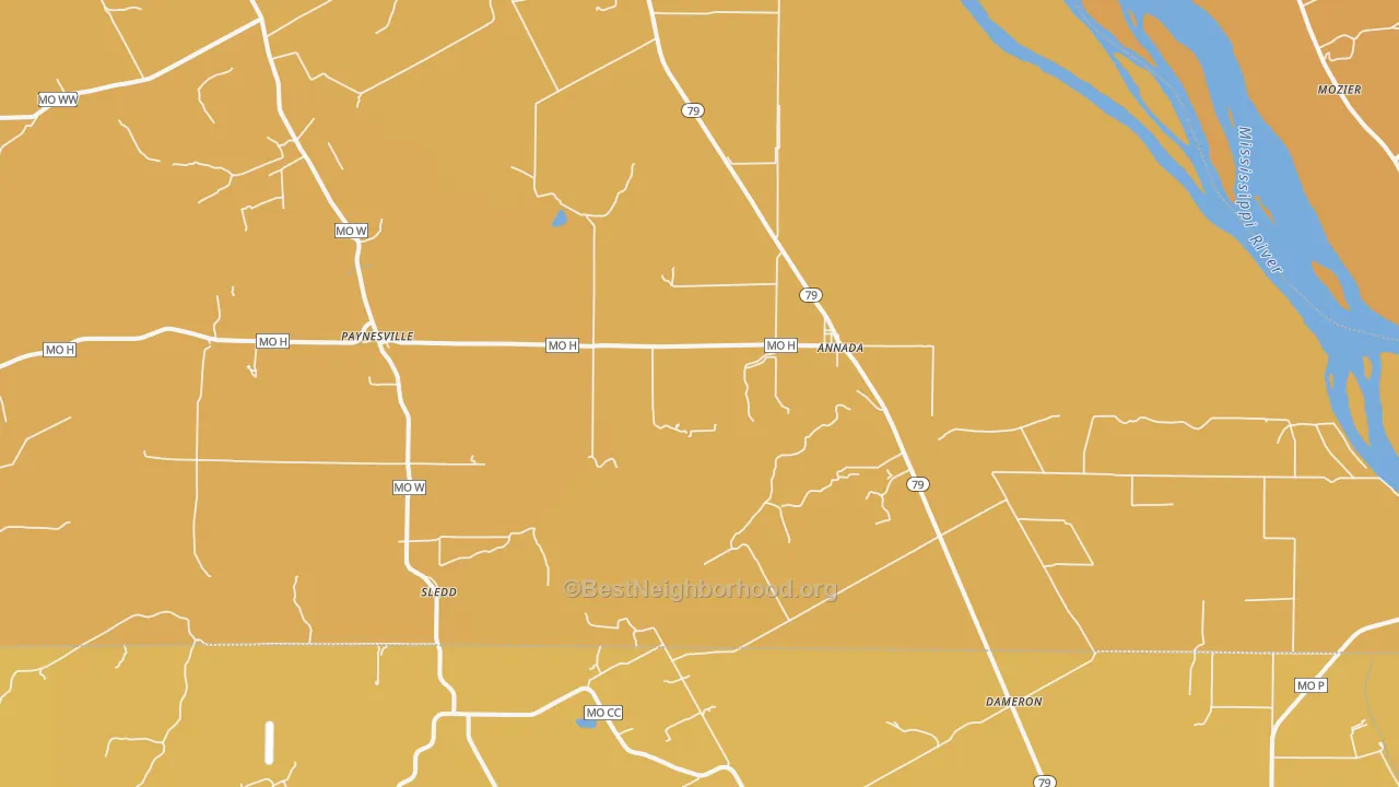 Map of the best neighborhoods in the 63330 area, with better matches in green and worse matches in red