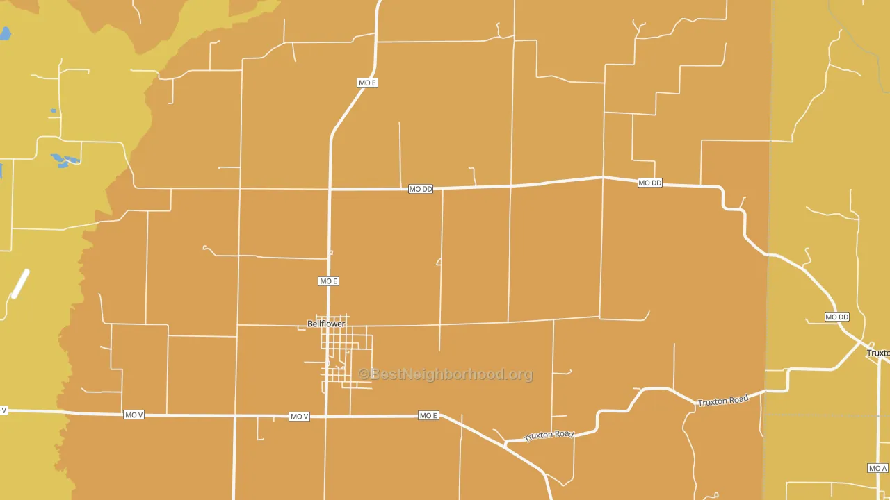 Map of the best neighborhoods in the 63333 area, with better matches in green and worse matches in red